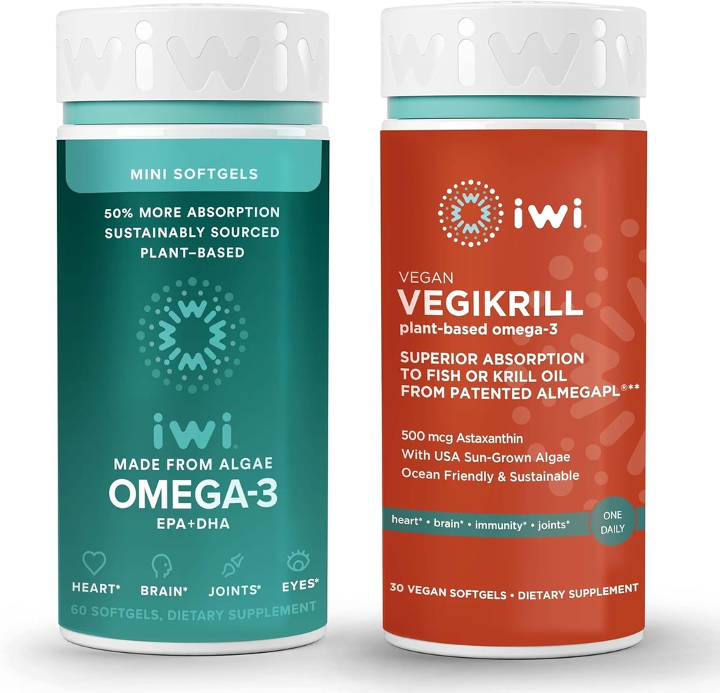 Iwi Omega-3 Minis & Vegikrill Omega-3 Bundle, 30 Servings, Vegan Plant-Based Algae Omega 3, Krill & Fish Oil Alternative, No Fishy Aftertaste
