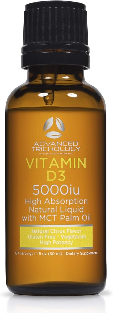 Advanced Trichology Vegetarian Liquid Vitamin D3-5000 iu High Absorption - 1000 iu per Drop - 6 Month Supply - Gluten Free 365 VIT D - 1 Fluid Ounce (Pack of 1)