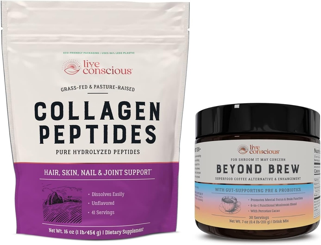 Live Conscious Collagen Peptides Powder & Beyond Brew | Hair, Skin, Nail, and Joint Support + Mushroom Superfood Coffee Alternative Caffeine Free