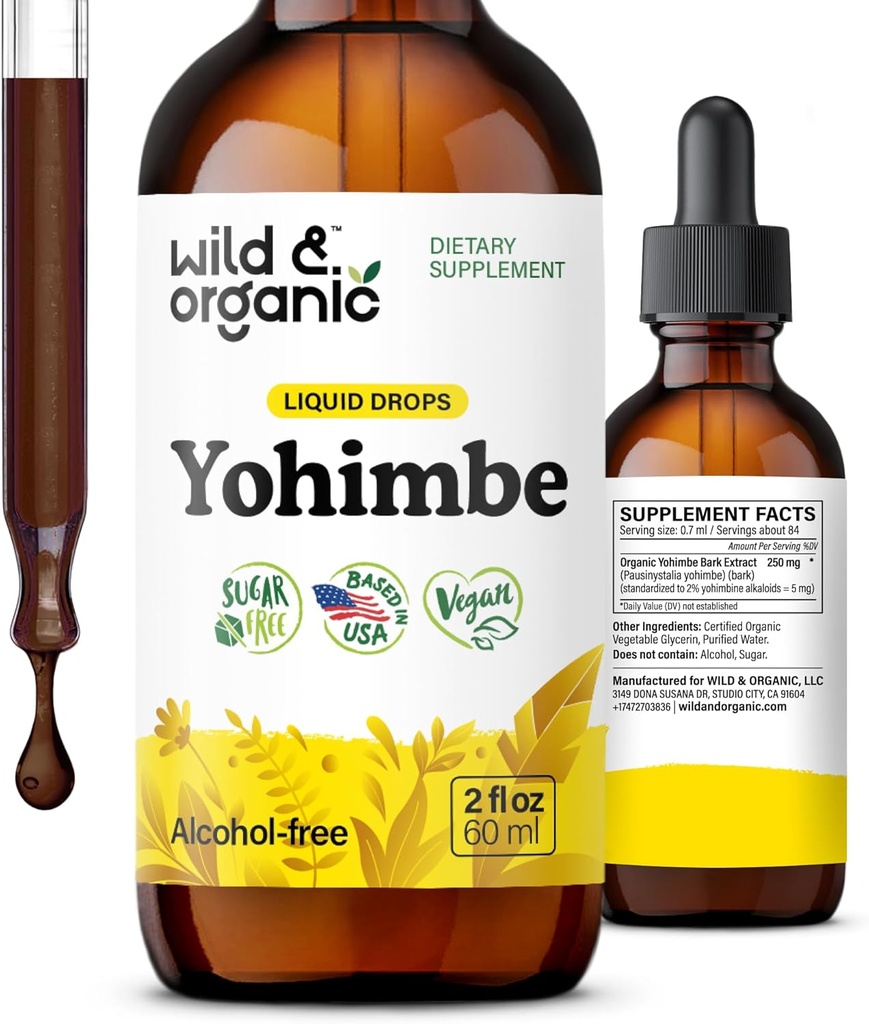 Wild & Organic Yohimbe Supplements for Men & Women - 5 mg Yohimbine Liquid Extract Drops - Pausinystalia Yohimbe Bark Tincture - Vegan, Alcohol-Free - 2 fl oz