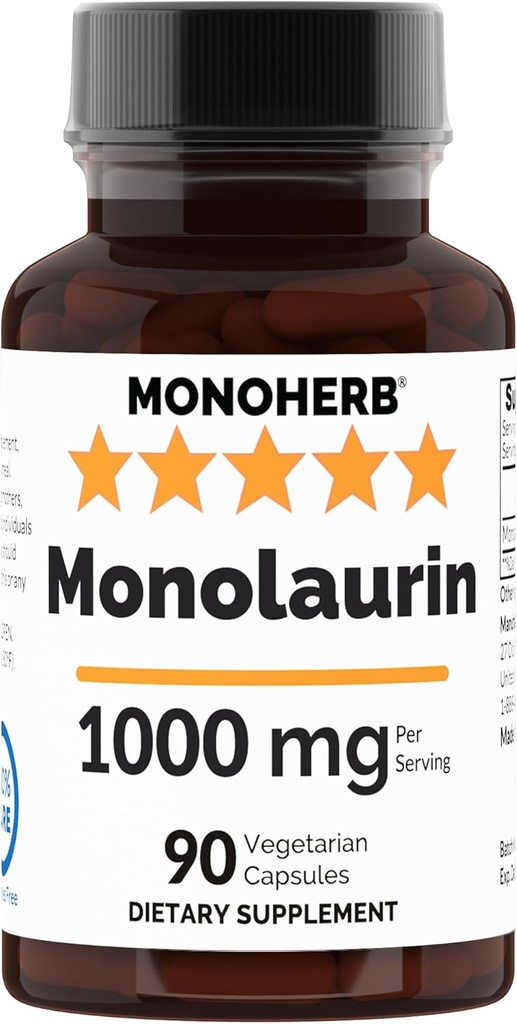 Monolaurin 1000 mg per Capsule - 90 Veg Capsules | Serving Size 2 Capsules: 1000 mg - 45 Servings