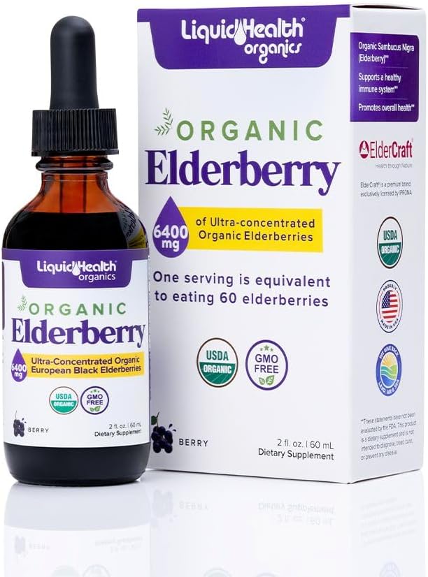 LIQUIDHEALTH USDA Organic Elderberry Liquid Drops for Kids and Adults - Liquid Vitamin Supplement, Immune Support Syrup, Antioxidant, Vegan, Non-GMO, Sugar Free (2 oz.)