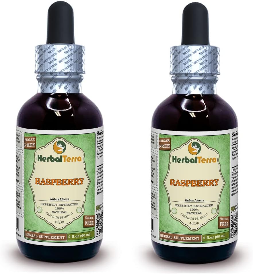 Raspberry (Rubus Idaeus) Glycerite, Organic Dried Leaves Alcohol-Free Liquid Extract (Brand Name: HerbalTerra, Proudly Made in USA) 2x2 fl.oz (2x60 ml)