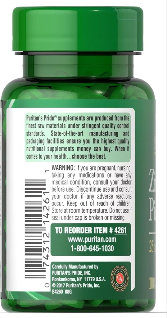 Puritan's Pride Zinc Picolinate 25 Mg to Support Immune System Health Caplets, White, 100 Count (Pack of 2)