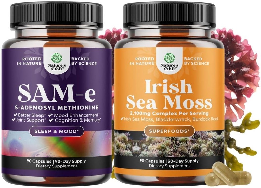 Bundle of Pure SAM-E Nootropic Brain Supplement and Organic Irish Sea Moss Capsules -Immune Support and Mood Support Supplement - Sea Moss and Bladderwrack Capsules with Burdock Root Superfood Blend