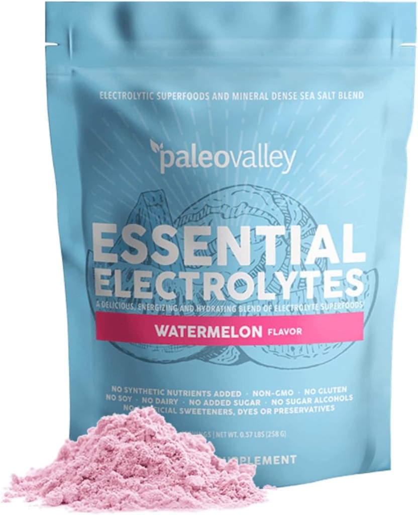 Paleovalley Essential Electrolytes Powder - Full Spectrum Watermelon Electrolyte Powder for Hydration, Energy and Muscle Recovery - No Sugar Added - 30 Servings