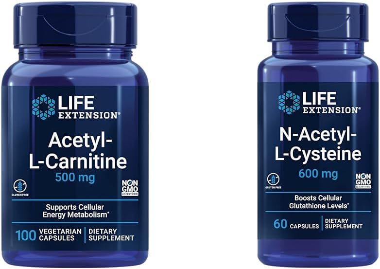 Life Extension Acetyl-L-Carnitine Cellular Energy, Brain, Nerve Support + N-Acetyl-L-Cysteine Immune, Respiratory, Liver Health, Antioxidant, 100 + 60 Capsules