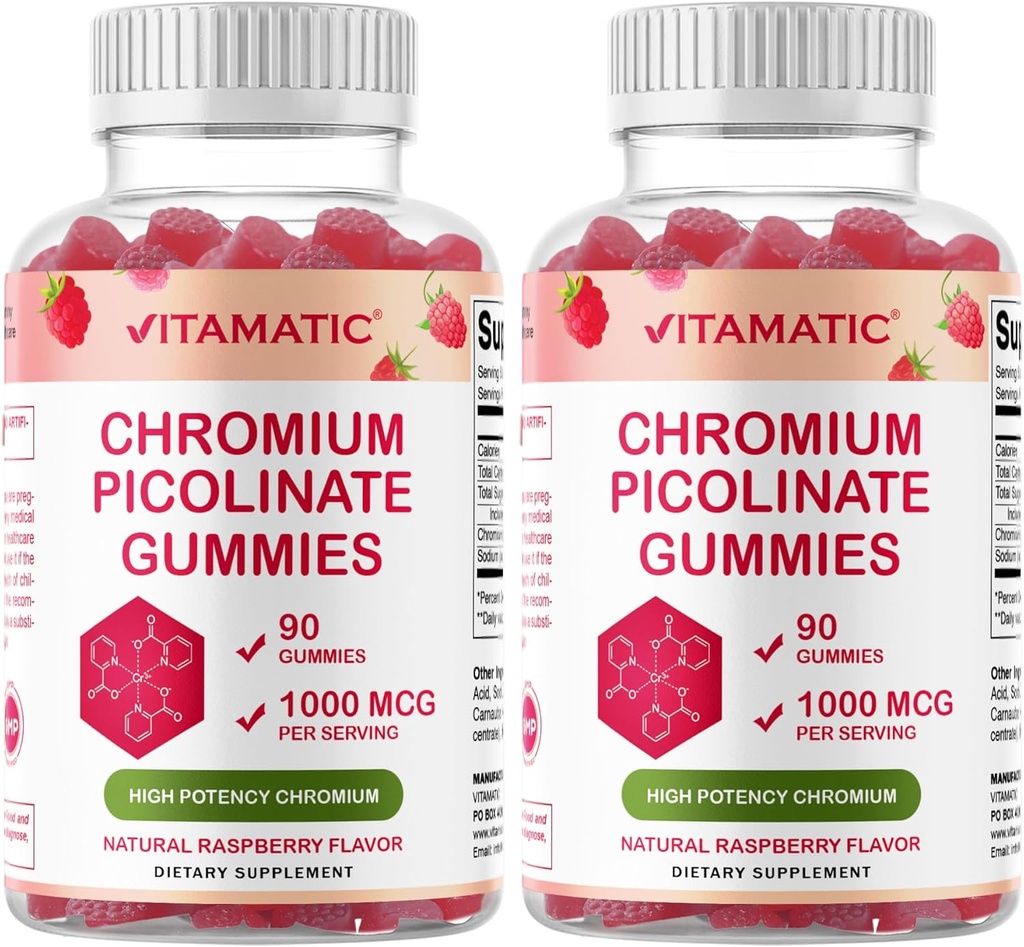 Vitamatic Chromium Picolinate 1000 mcg - 90 Gummies - High Potency Chromium - Raspberry Flavor (Total 180 Gummies) 2 Packs