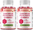 Vitamatic Chromium Picolinate 1000 mcg - 90 Gummies - High Potency Chromium - Raspberry Flavor (Total 180 Gummies) 2 Packs