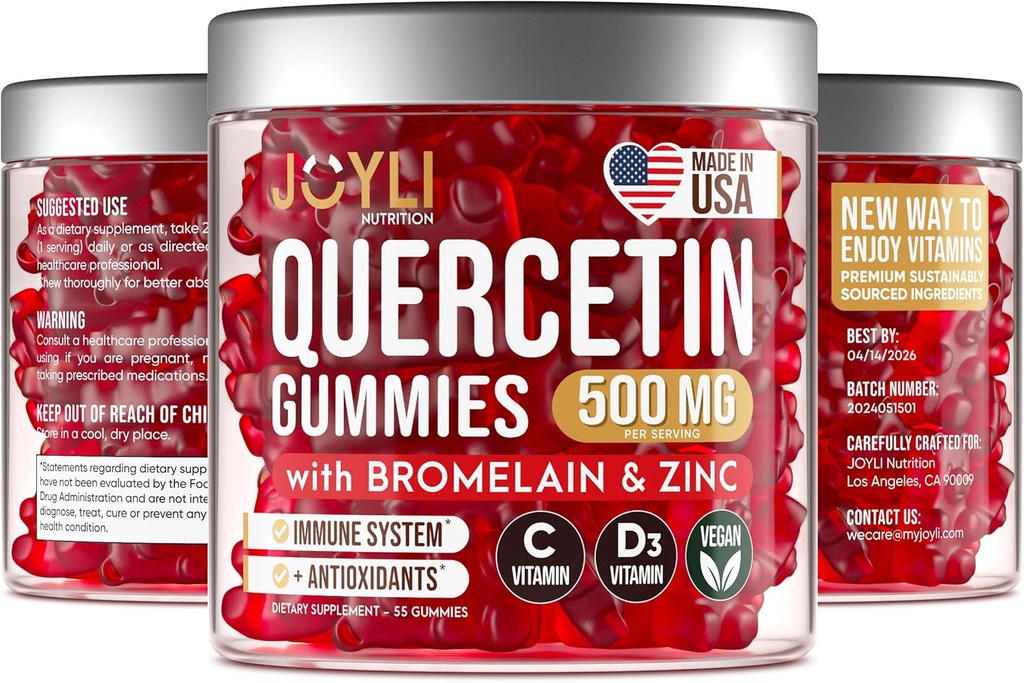 JOYLI Quercetin Gummies - Quercetin with Bromelain Zinc - Quercetin Supplement 500MG for Immune System & Allergy - Quercetin for Kids and Adults - 55 Quercetin Chewables