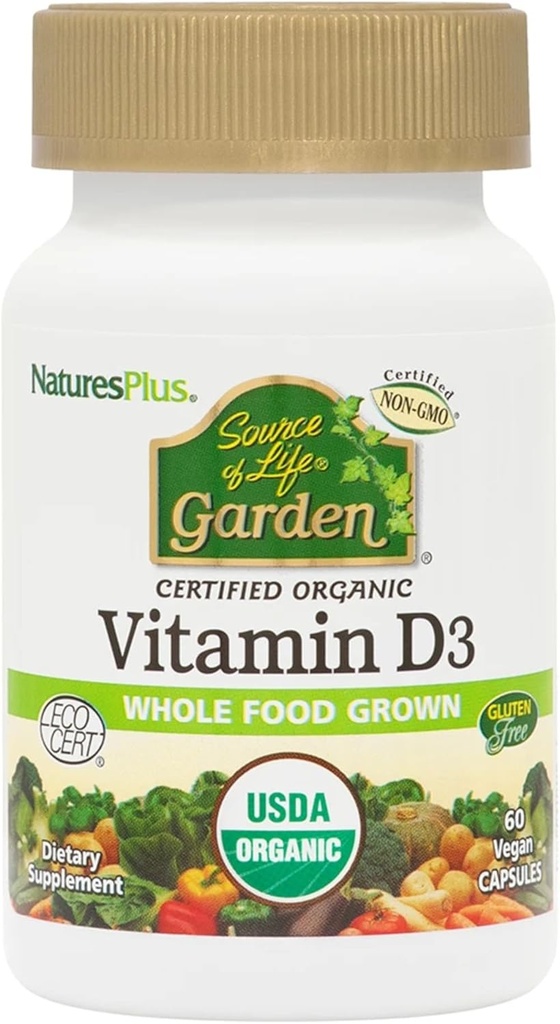 NaturesPlus Source of Life Garden Vitamin D3-60 Vegan Capsules, Pack of 2 - Immune System Support - Certified Organic, Non-GMO, Gluten Free - 60 Total Servings