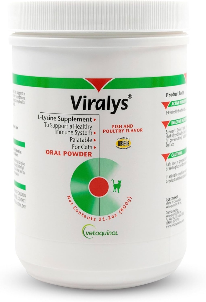 Vetoquinol Viralys Daily L-Lysine Powder for Cats and Kittens, Fish Flavored Lysine Supplement for Cats and Kittens to Support Immune Health, Normal Eye Function and Respiratory Health, 600gm