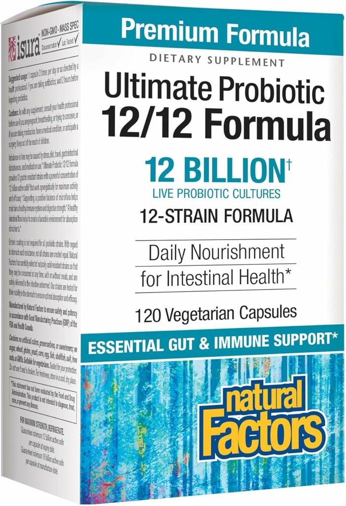 Natural Factors Ultimate Probiotic 12/12 Formula - Digestive Health Support Supplement with Probiotics - Immunity & Gut Health Support Supplement - 120 Vegetarian Capsules (120 Servings)