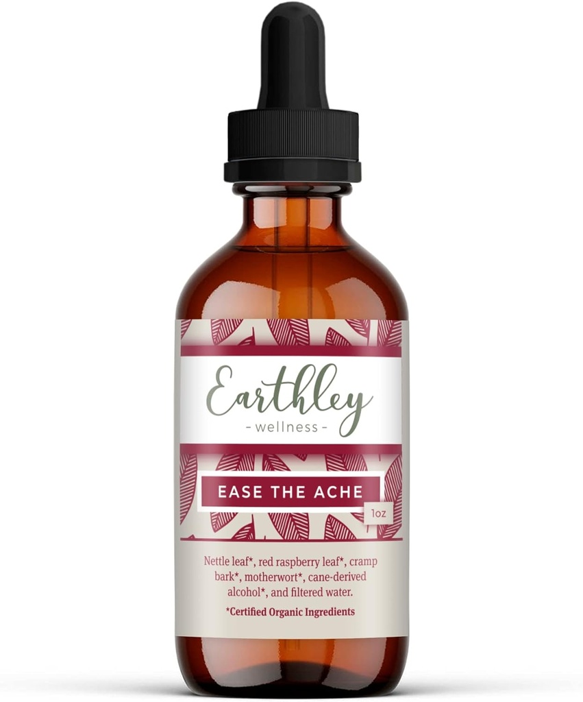 Earthley Wellness Ease The Ache, Natural Hormone Support for Cramps, Bloating, Mood Swings, and Postpartum Discomfort, Cramp Bark, Red Raspberry Leaf, Motherwort, Nettle (1oz)