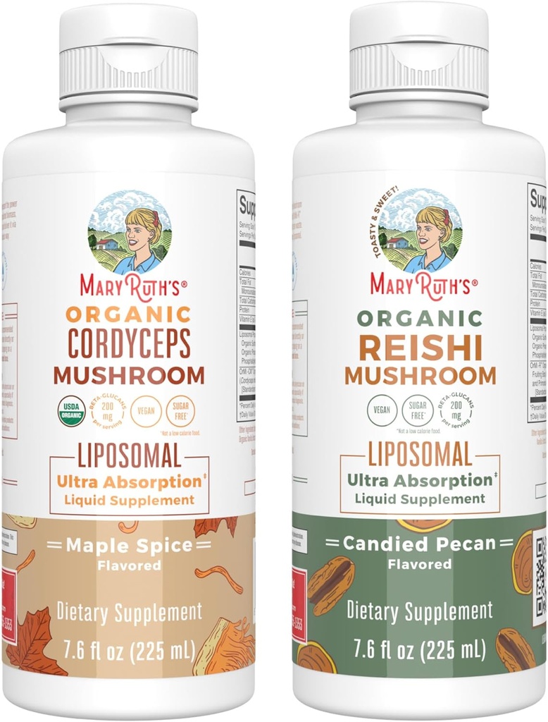MaryRuth Organics Cordyceps Liposomal (Maple Spice) & Reishi Mushroom (Candied Pecan) | Clean Label Project Verified® | Vitamins for Immunity, Skin, & Overall Health | Vegan, Non-GMO, Gluten-Free