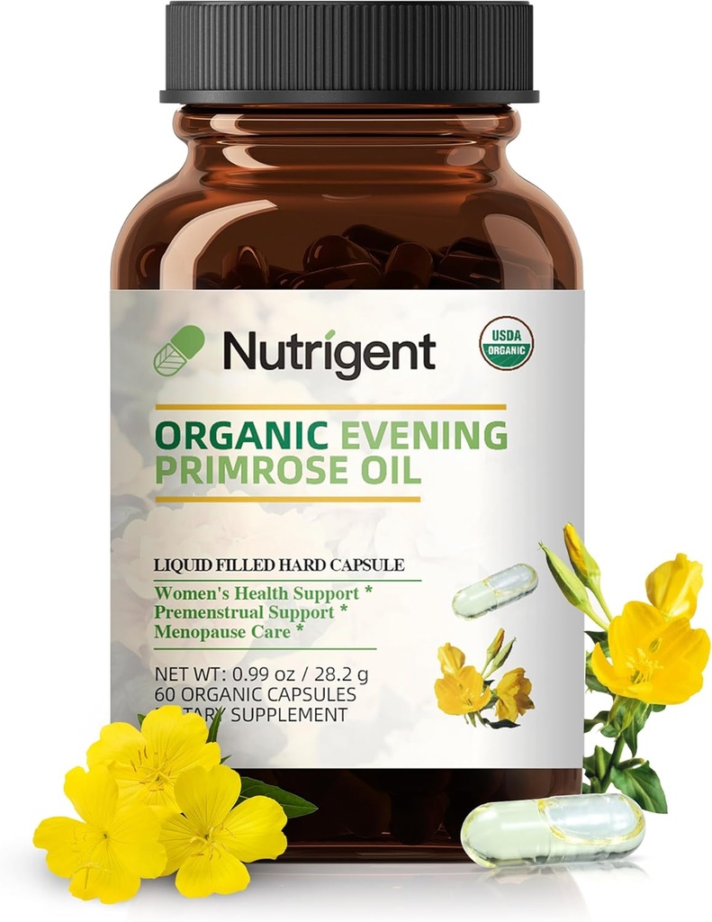 Organic Evening Primrose Oil Supplement, 940 mg 100% Pure with 10% GLA, High Absorption Liquid Organic Capsules, Promotes Women's Health & Skin Health, Cold Pressed, 60 Count