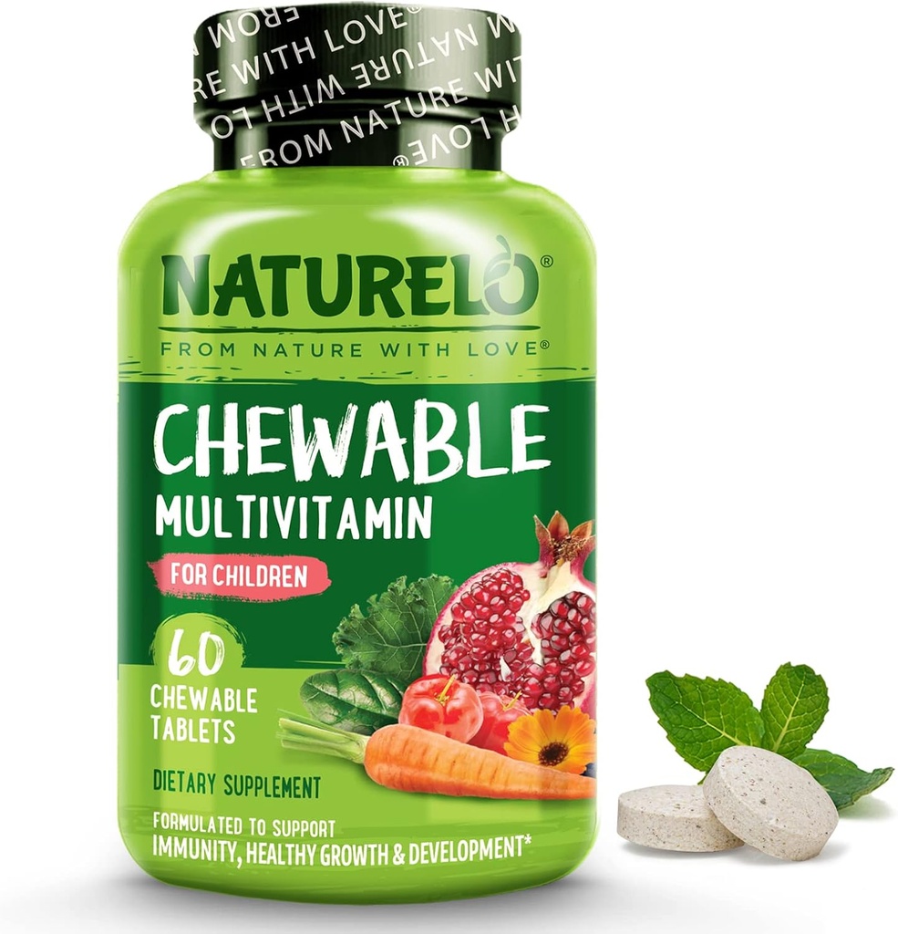 NATURELO Chewable Multivitamin for Children - with Vitamins & Minerals, Whole Food Organic Fruit Blend - Vegan, Vegetarian Supplement for Kids - 60 Tablets