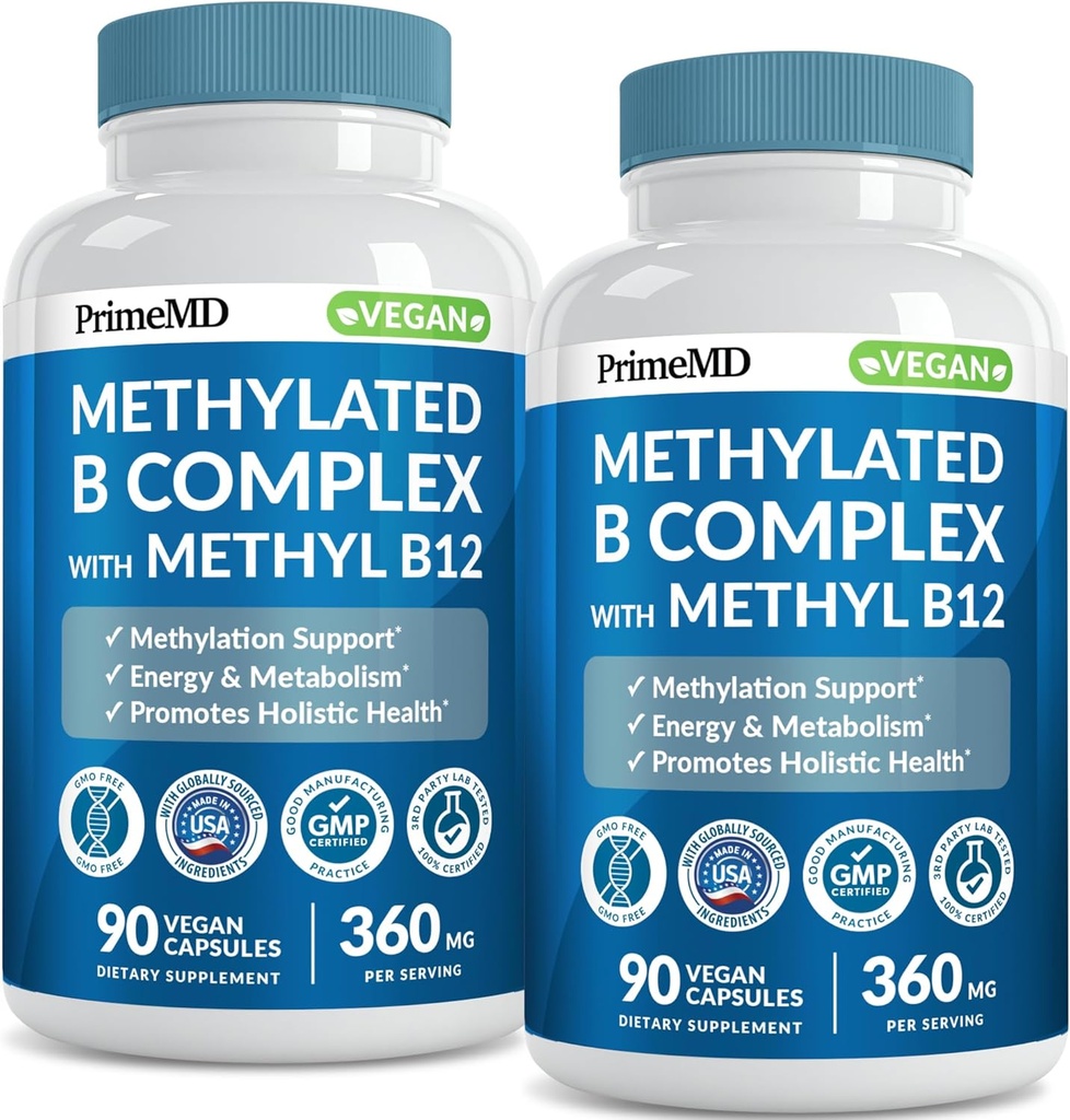 Methylated B Complex with Methylfolate and B12 Methylcobalamin 1000 mcg - Methylated Multivitamin for Energy, Brain Function, and Wellness - Vitamin B Complex for Men & Women (180 Servings, Pack of 2)