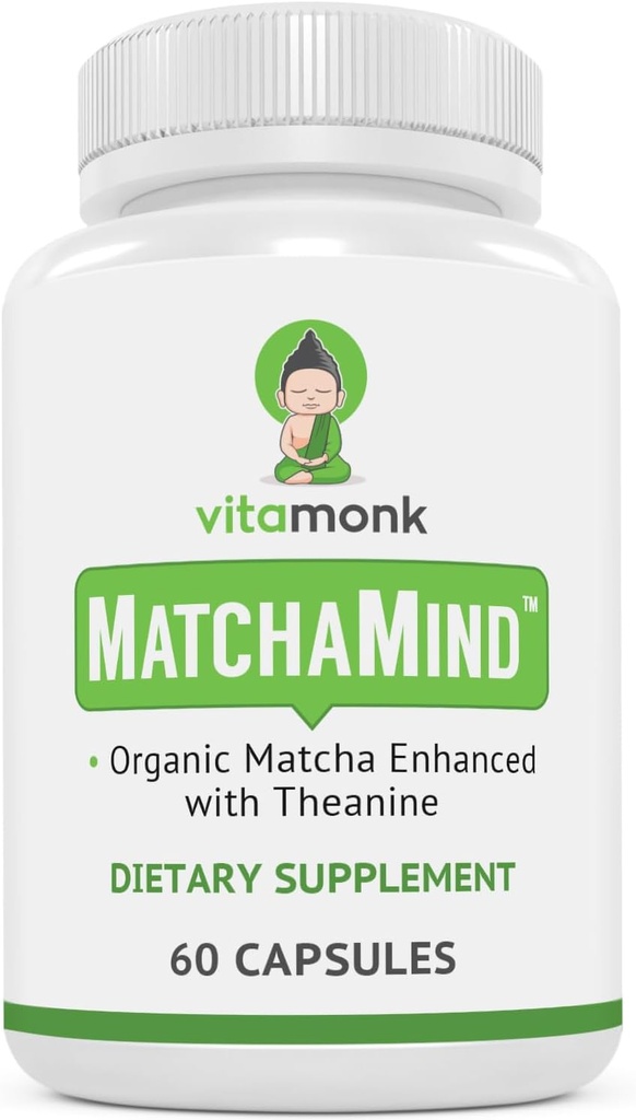 VitaMonk Matcha Capsules with Theanine & Theobromine - Matcha Pills from Japan with 25mg Natural Caffeine - for Smooth Energy and Focus Without The Jitters - 60 ct