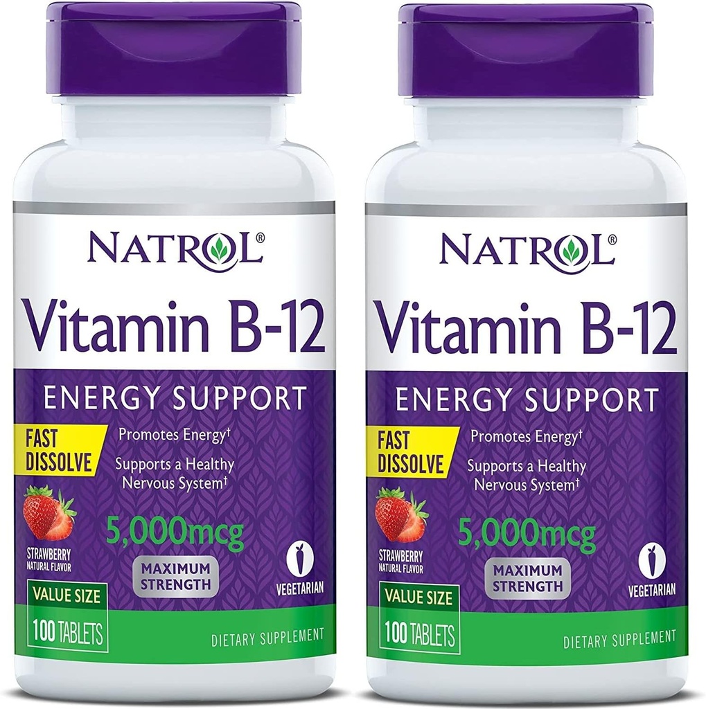Natrol Vitamin B12 Fast Dissolve Tablets, Promotes Energy, Supports a Healthy Nervous System, Maximum Strength, Strawberry Flavor, 5,000mcg, 100 Count (Pack of 2)