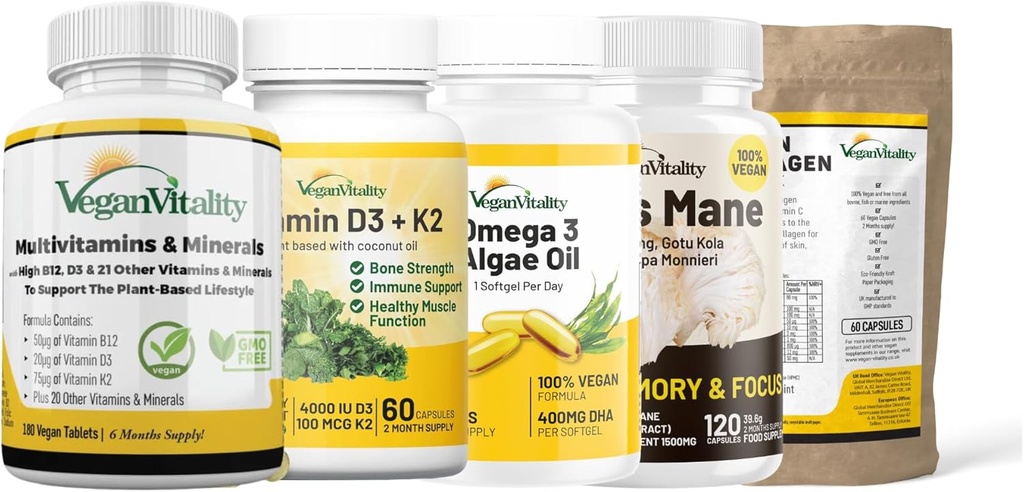 Vegan Vitality 6 Months Complete Wellness Bundle - Multivitamins, Lion's Mane, Vitamin D3 K2, Omega 3 Algae Oil, Vegan Collagen Booster