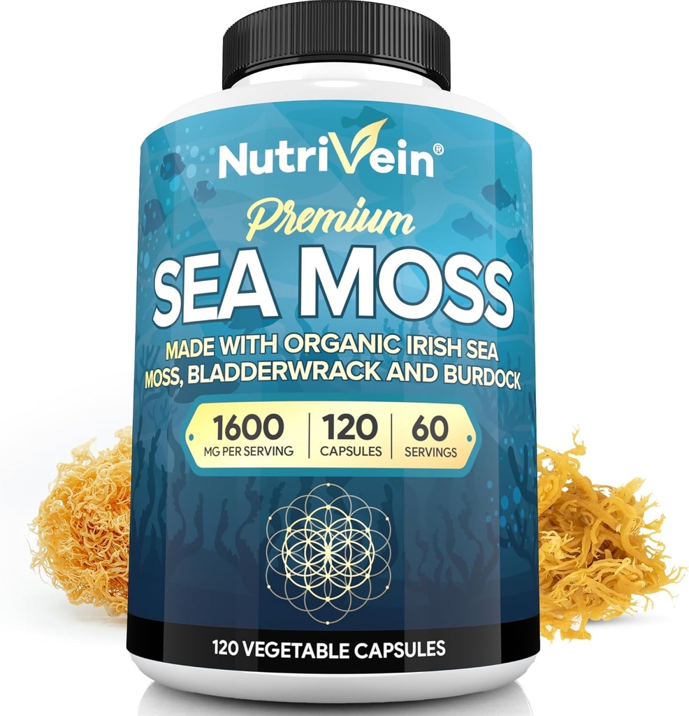 Nutrivein Organic Sea Moss 1600mg Plus Bladderwrack & Burdock - 120 Caps for Adults - Prebiotic Super-Food - Immune System & Digestive Health - Thyroid, Skin, Keto Detox, Gut, Joint Support