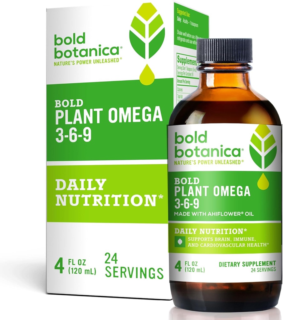 Bold Botanica Plant Omega 3-6-9, with Ahiflower Oil, Vegan Omega 3, Complete Plant-Based Omegas for Brain & Immune Health, Better Than Flax, Fish Free, Great Taste, Sugar-Free, Non-GMO, Liquid- 4 oz