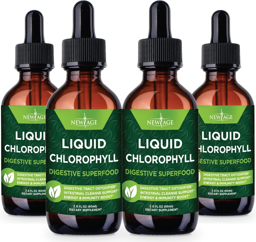 NEW AGE Chlorophyll Liquid Drops - Natural Concentrate – Energy Booster, Digestion and Immune System Supports, Internal Deodorant, Liver Function - (2 Fl Oz (Pack of 4))