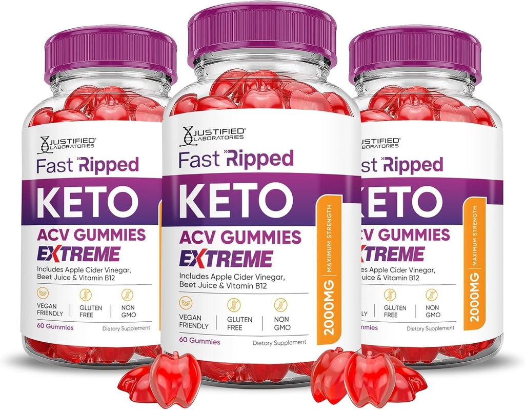 Justified Laboratories (3 Pack Fast Ripped Keto ACV Gummies Extreme 2000MG Fast Ripped Keto Gummies Apple Cider Vinegar Formulated with Pomegranate Beet Juice Powder B12 Vegan Non GMO 180 Gummys
