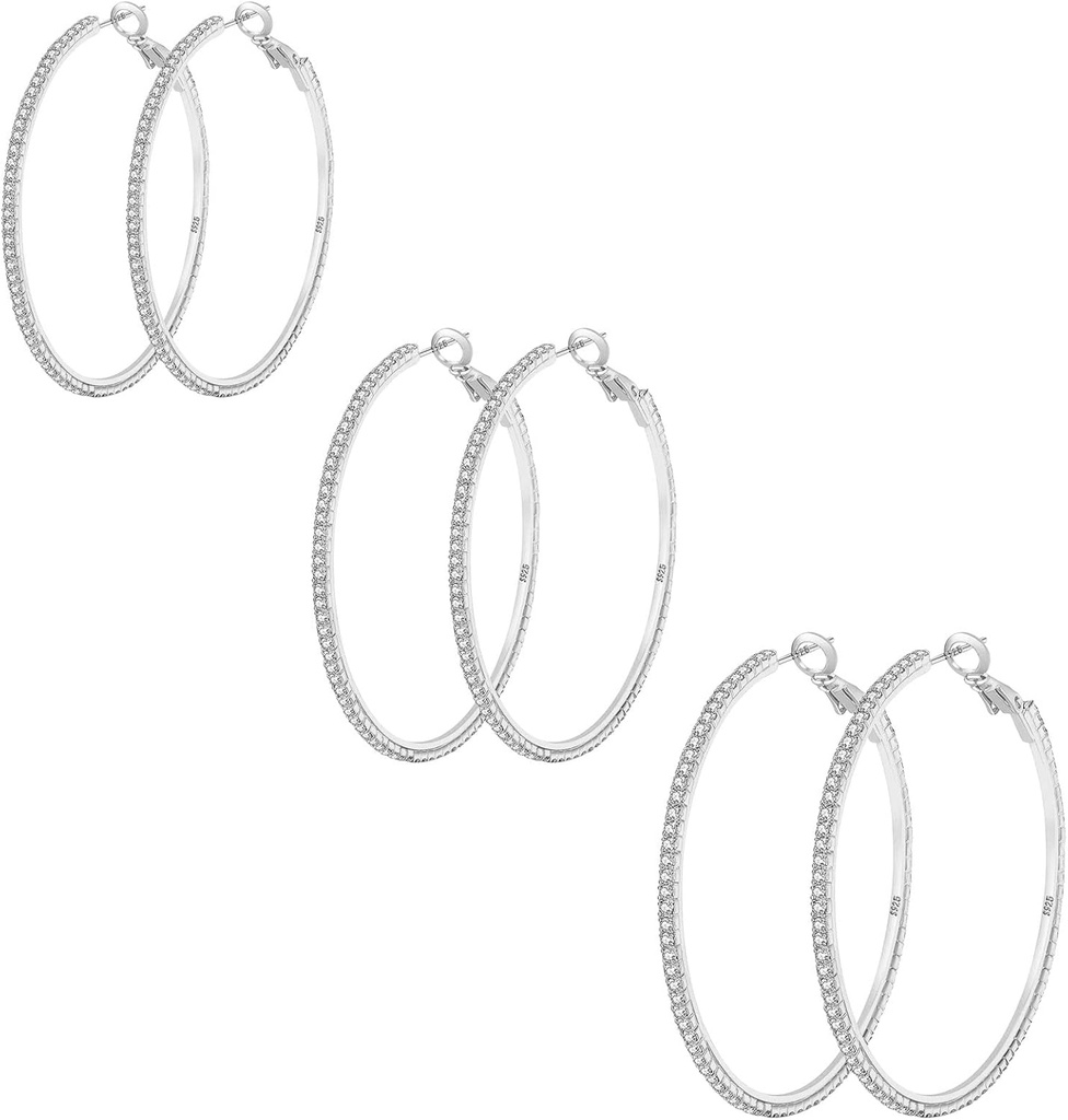 925 Sterling Silver Earrings Large Rhinestone Hoop Earrings Big Cubic Zirconia Hoop Earrings Thin Rhinestones Round Hoop Earrings for Women 20/30/40/50/60/70mm Sparkly Hoops With Crystals for Womens