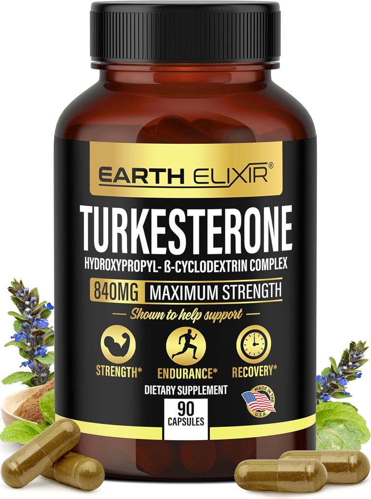 Earth Elixir Turkesterone 840 mg (90 Capsules) – Made in USA - 3rd Party Tested - 100% Pure Turkesterone Supplement for Men & Women - Ajuga Turkestanica Extract - Increase Natural Energy & Strength