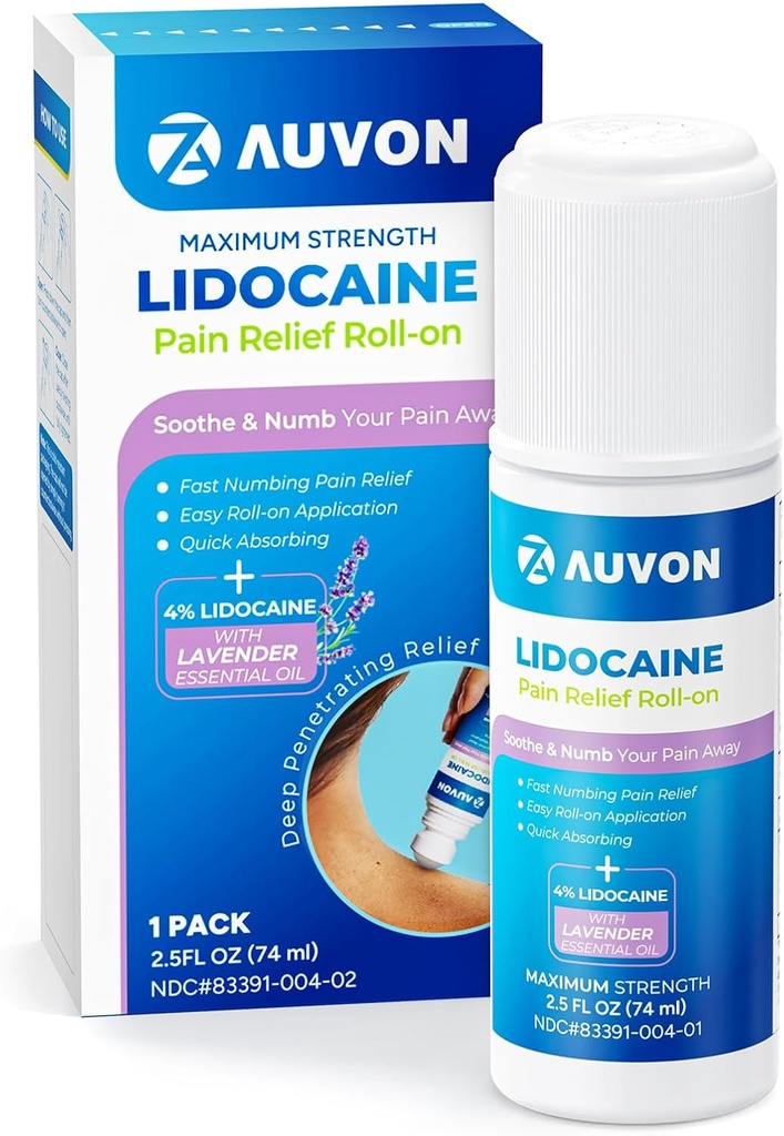 AUVON Max Strength Lidocaine Pain Relief Roll-On with Lavender Essential Oil, No Mess Applicator, Quick Absorbing to Numb & Soothe Pain Relief for Knees, Shoulders, 2.5 oz, 1 Pack