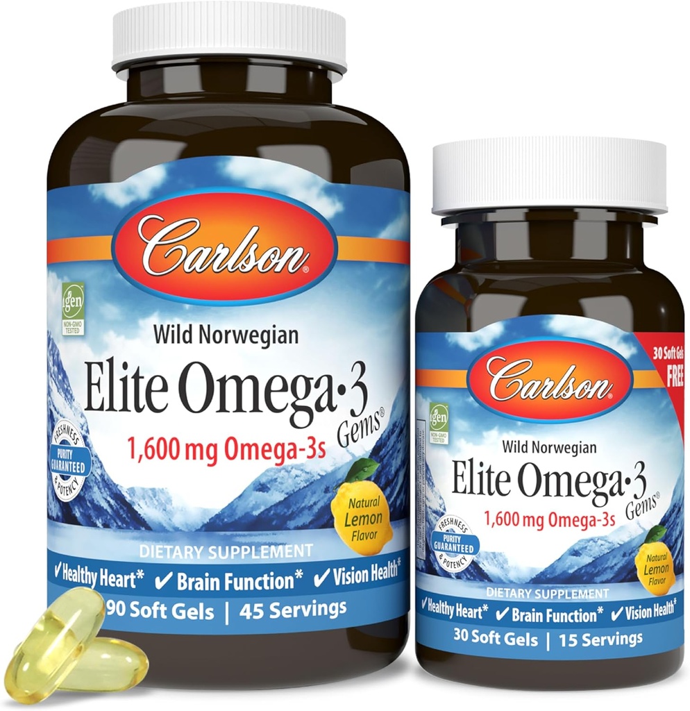 Carlson Elite Omega-3 Gems 1600 mg Omega 3 Fatty Acids Including EPA & DHA - Norwegian, Wild-Caught Sustainably Sourced Fish Oil Supplement, Omega 3 Fish Oil Capsules Lemon - 90+30 Softgels