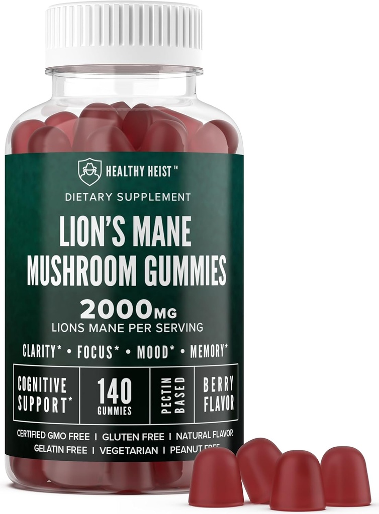 Lions Mane Mushroom Gummies for Adults, 140 Count Bulk Lion's Mane Chewables, High Potency 10:1 Organic Extract amounts to 2000mg, Supplement Supports Mental Clarity, Focus, Mood and Brain Fog