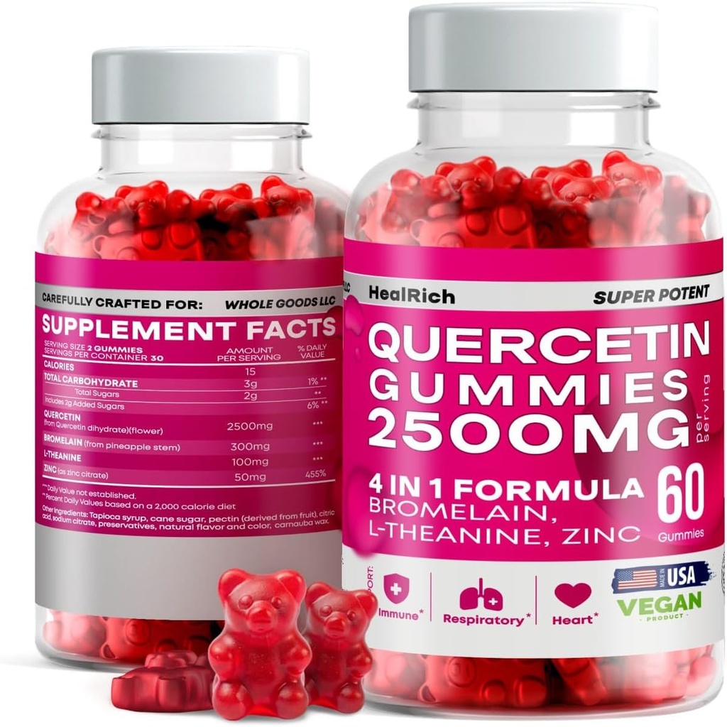 Quercetin Gummies - 2500MG Quercetin with Bromelain L-theanine & Zinc - Pure Supplement for Immune System Lung and Allergy Support - Immunity Booster Vegan Supplements for Kids & Adults - 2 Pack