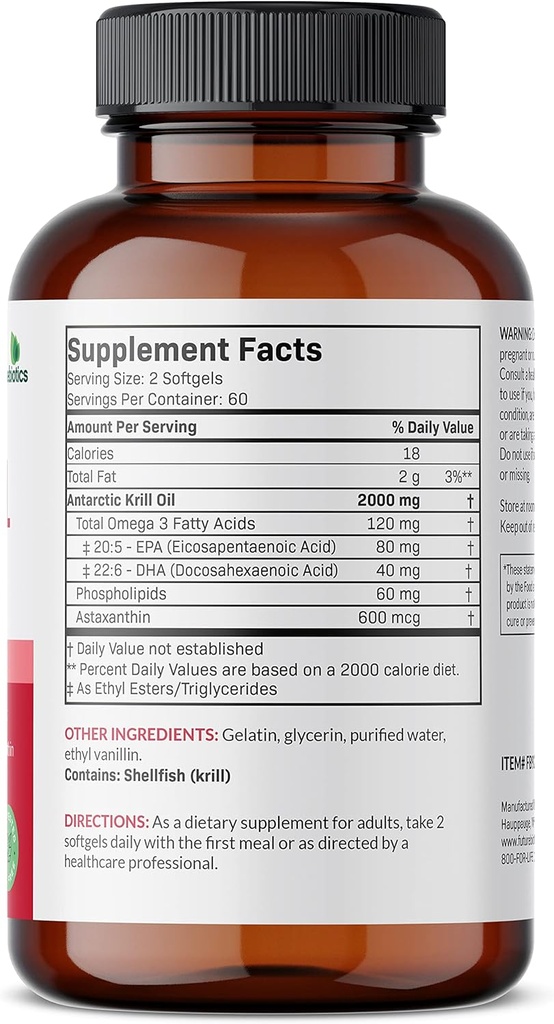 Futurebiotics Antarctic Krill Oil 2000mg with Astaxanthin, Omega-3s EPA, DHA and Phospholipids - 100% Pure Premium Krill Oil Heavy Metal Tested, Non GMO – 120 Softgels