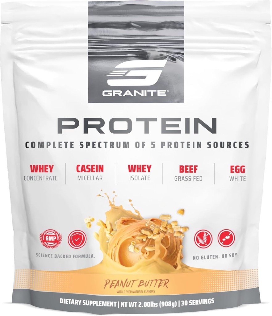 Granite Nutrition Protein Powder - Premium 5-Source Blend (Whey, Casein, Egg, Grass-Fed Beef) for Lean Muscle and Recovery - Peanut Butter Flavor, 30 Servings