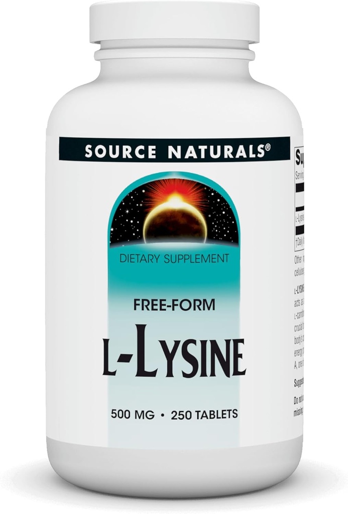 Source Naturals L-Lysine 500 mg Free Form - Amino Acid Supplement Supports Energy & Formation of Collagen* - 250 Tablets
