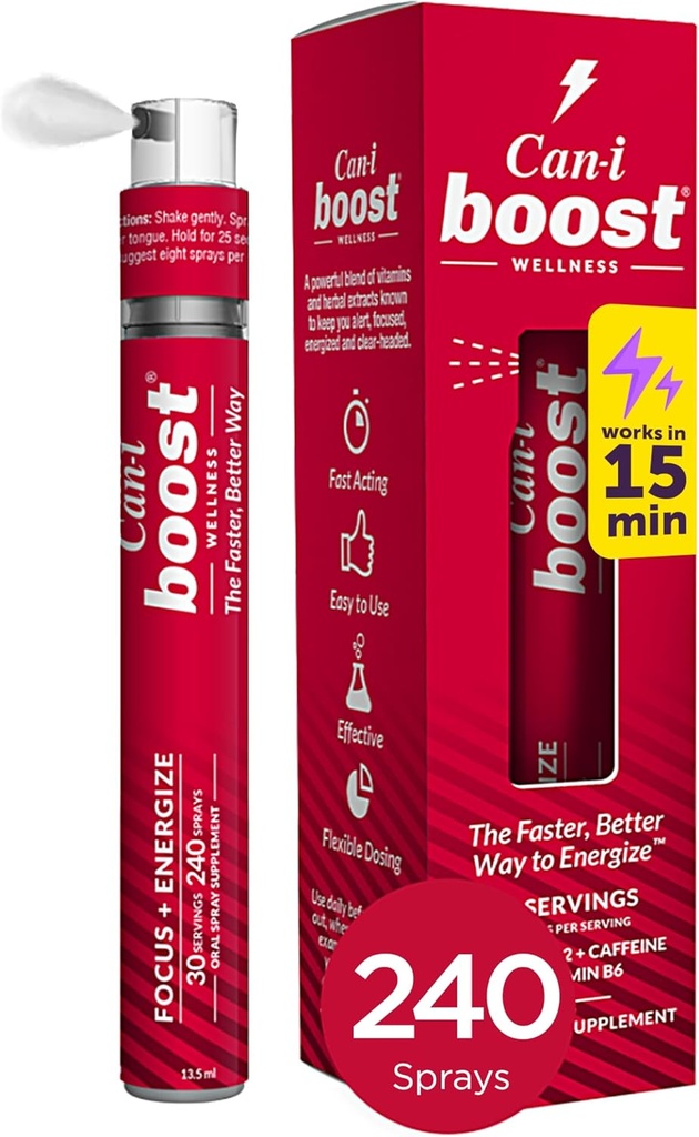 Fast Acting Focus and Alertness Oral Spray with Vitamin B12, B6 and Ubiquinol Without Jitters, Can-i Boost, 30 Servings