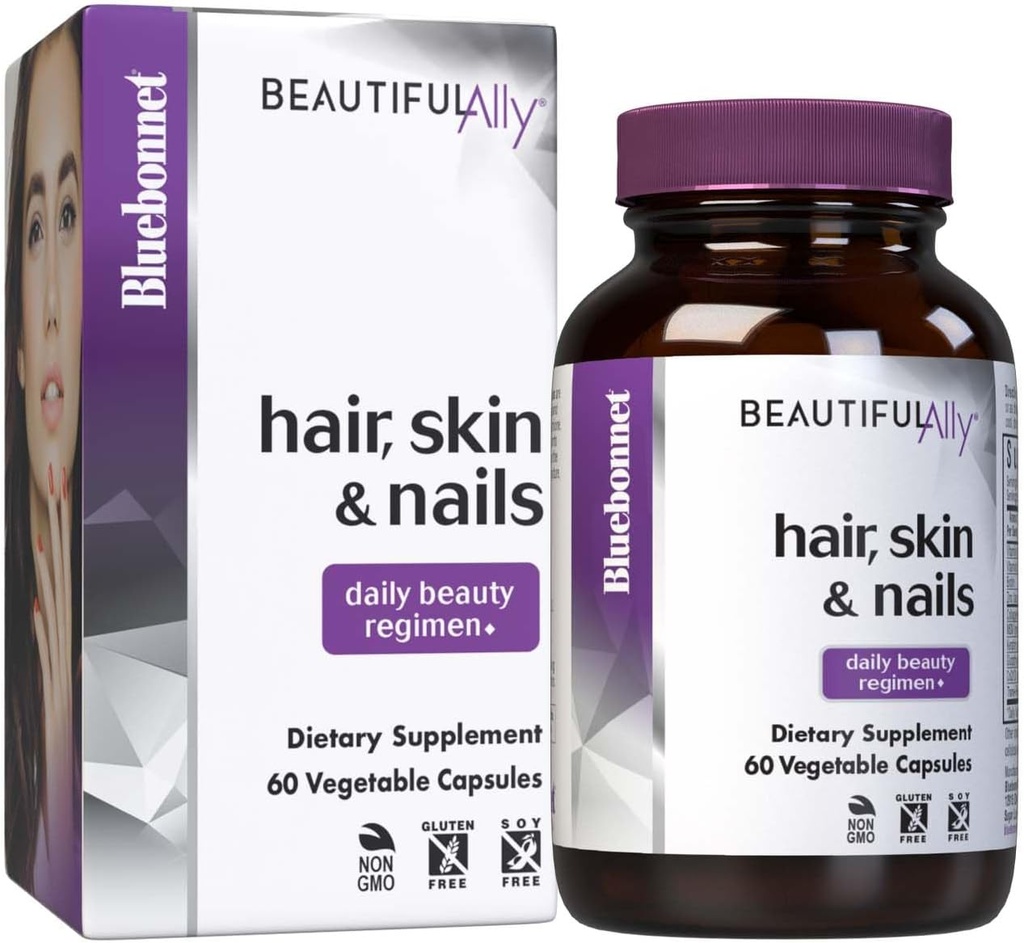 Bluebonnet Nutrition Beautiful Ally Hair, Skin & Nails, Hydrolyzed Collagen from Grass Fed Cows, Collagen Peptides Type 1 & 3, Non GMO, Gluten Free, Soy Free, Milk Free, Kosher, 60 Vegetable Capsules