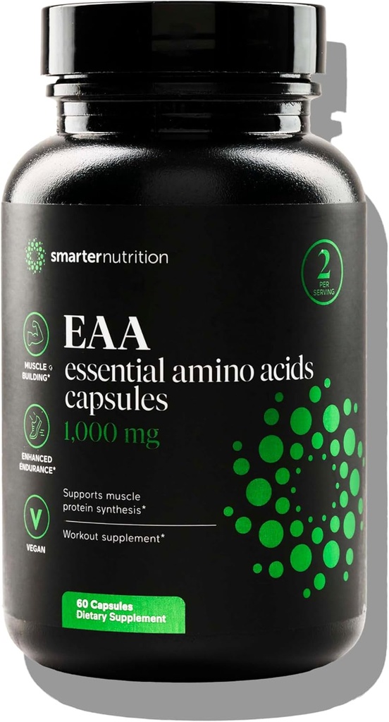 SMARTERNUTRITION Essential Amino Acids (EAA) Capsules - 1 Gram Per Serving of All 9 EAAs - Supports Muscle Mass & Exercise - Non-GMO, Vegan, Gluten Free - 60 Count[30-Day Supply]