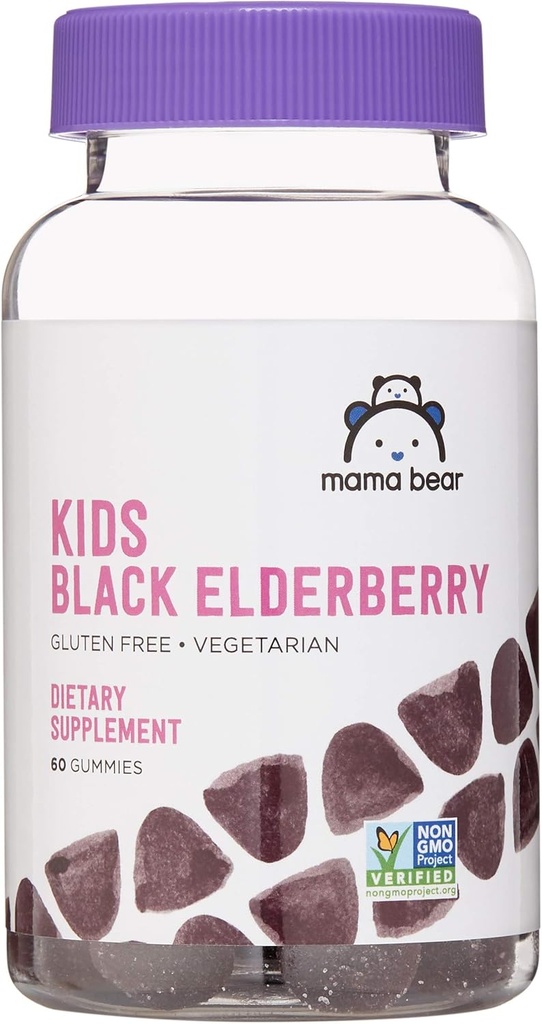Amazon Brand - Mama Bear, Vegetarian Kids Black Elderberry Gummies 300 mg with Vitamins C, D, E and Zinc - Immune System Support - 60 Gummies (1 to 2 Month Supply), Non-GMO, Gluten Free