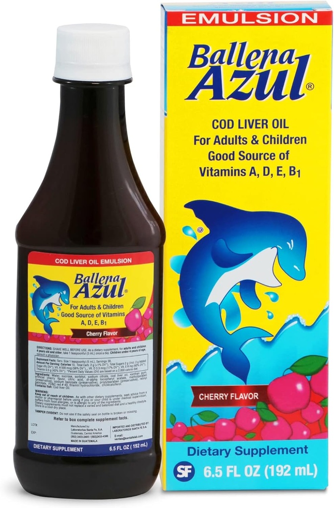 Ballena Azul Aceite de Hígado de Bacalao para Adultos y Niños, COD Liver Oil for Adults and Children, Good Source of Vitamins A,D,E, B1, Dietary Supplement, Omega 3