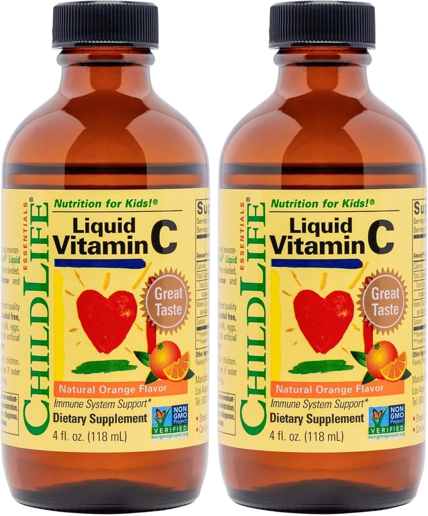 CHILDLIFE ESSENTIALS Liquid Vitamin C - Immune Support, Vitamin C Liquid, All-Natural, Gluten-Free, Allergen Free, Non-GMO, High in Antioxidants - Orange Flavor, 4 Ounce Bottle (Pack of 2)