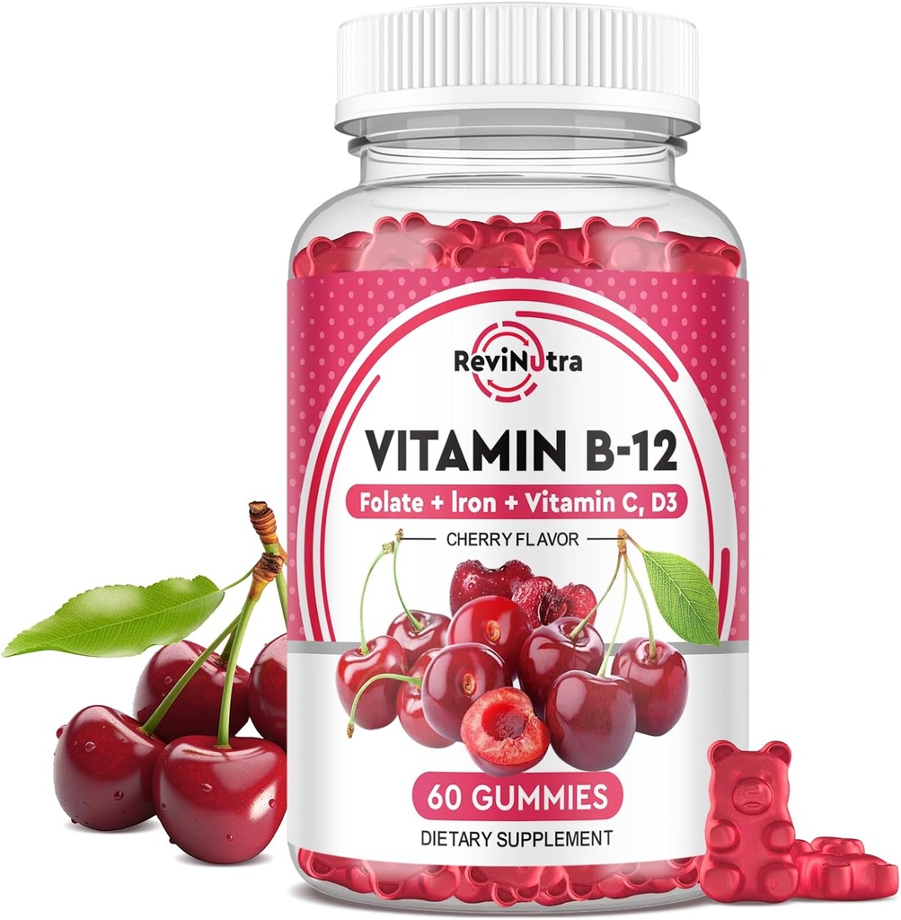 Vitamin B12 Gummies - 5000 mcg Methylcobalamin with Iron, Vitamin C, D3 & Folate, Energy Support and Metabolism, Immune, B-12 Complex Chewable Supplement for Men & Women, Vegan- 60 Count