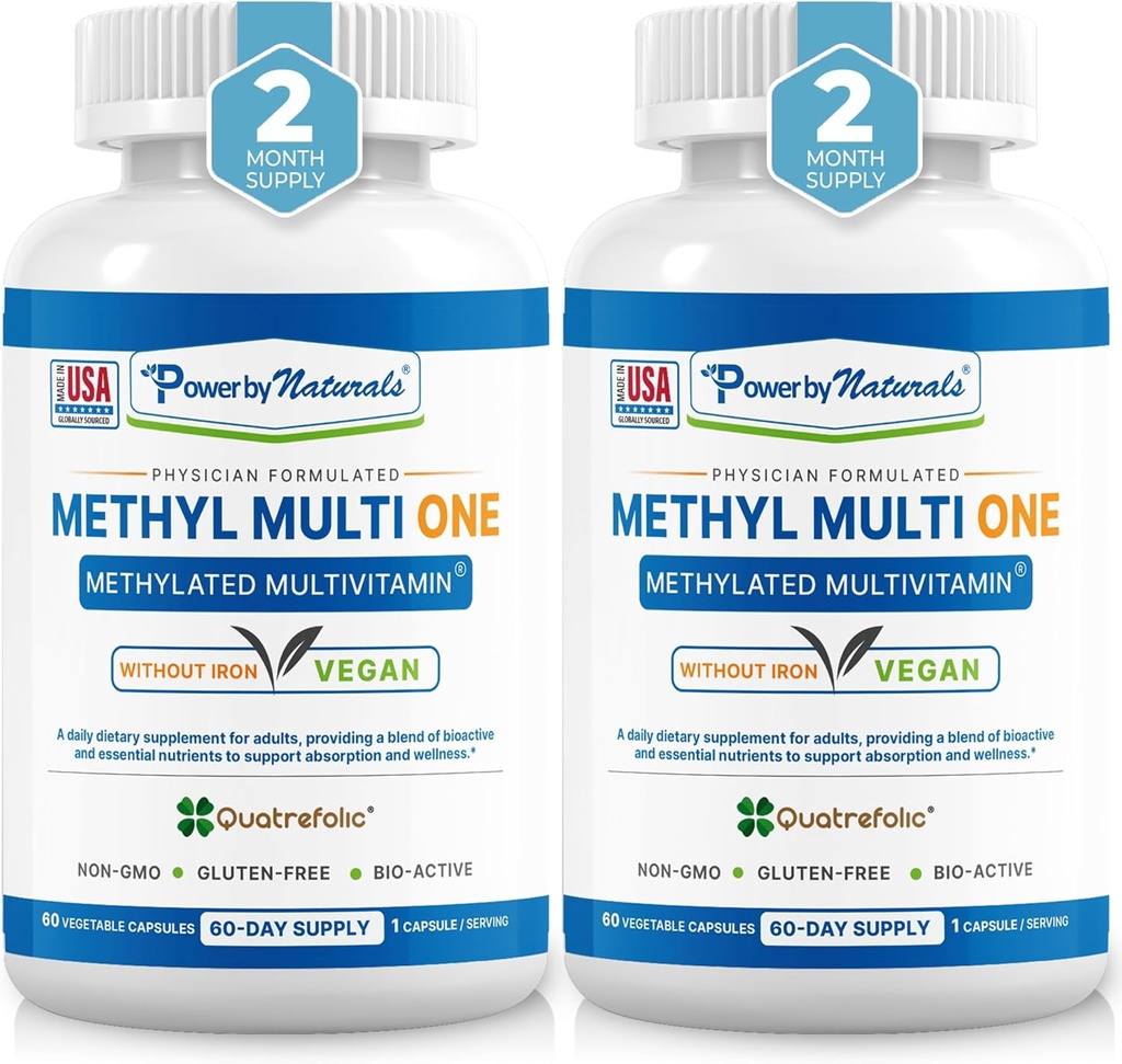 Power By Naturals Methyl Multi One – Iron-Free Methylated Multivitamin for Men & Women with B12 Methylcobalamin, P5P, Folate (5-MTHF), CoQ10 & Zinc for Energy & MTHFR Support, 60 Capsules (2-PK)