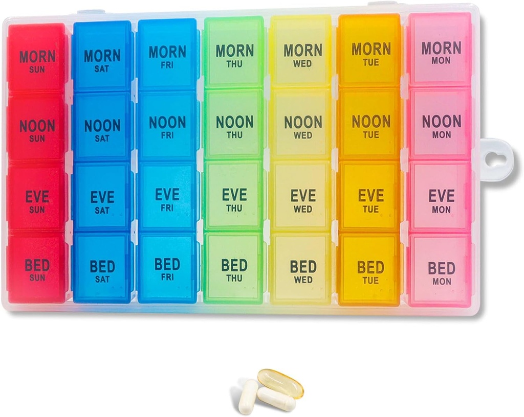 Weekly Pill Organizer 4 Times a Day, 7-Day Pill Boxes, Monthly Medication Organizer 28 Days Portable Compartments & Moisture-Proof Outer Case for Vitamins, Fish Oils, Supplements(Color)