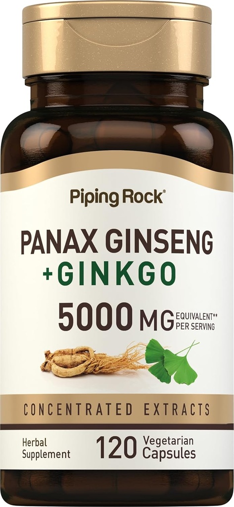 Piping Rock Panax Ginseng & Ginkgo Biloba Supplement | 5000 mg | 120 Capsules | with Black Pepper Extract | Vegetarian, Non-GMO, and Gluten Free Supplement