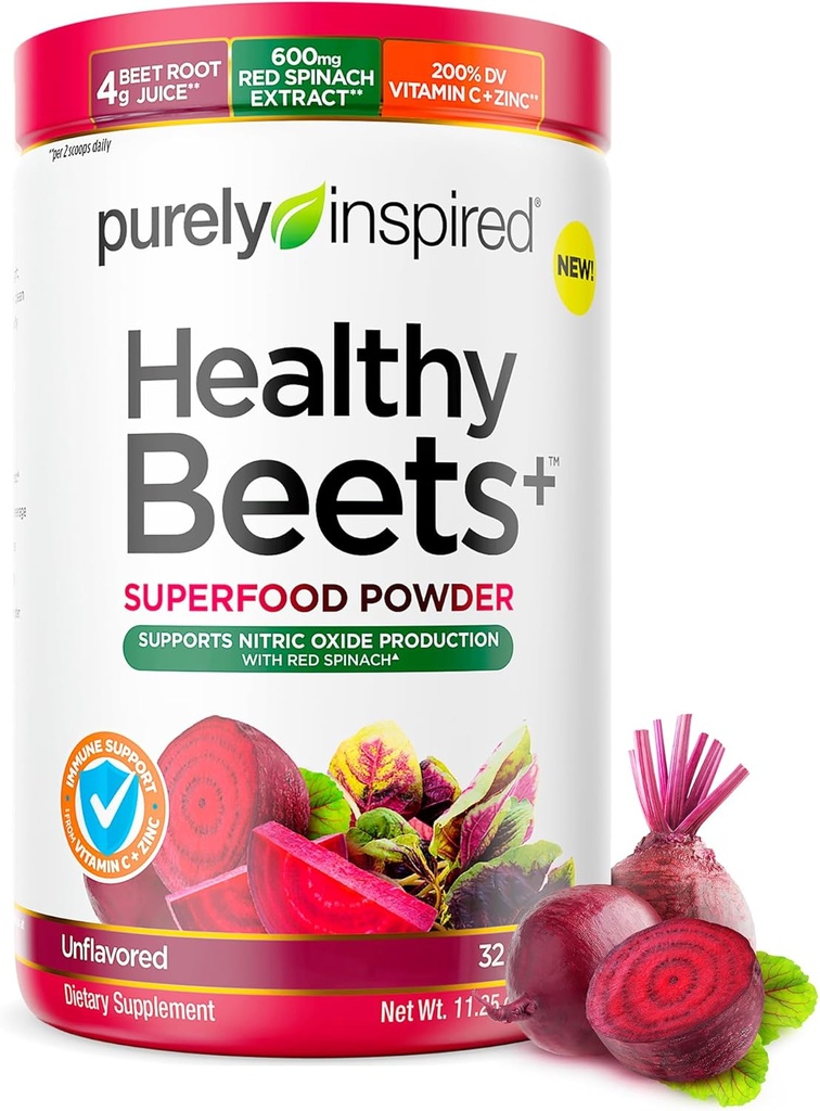 Purely Inspired Healthy Beets Superfood Powder, Unflavored - Super Beet Root Powder with Red Spinach Extract, Vitamin C & Zinc for Immune Support - Supports Nitric Oxide Production for Men & Women