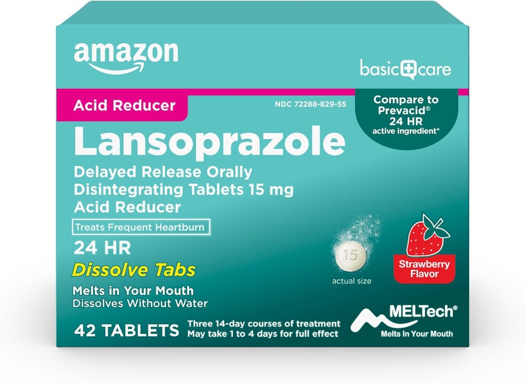 Amazon Basic Care Lansoprazole Delayed Release Orally Disintegrating Tablets 15 mg, Acid Reducer Pills, Strawberry Flavor, 42 Count